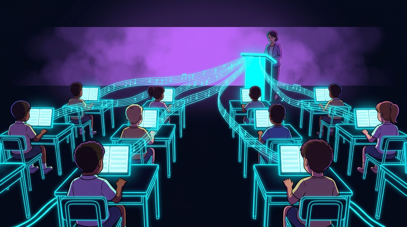 A wide view from the back of an elementary music classroom, with students’ illuminated sheet-music screens linked by glowing neon staff lines converging at the teacher’s digital podium — the synchronized ensemble state the article argues makes the difference.