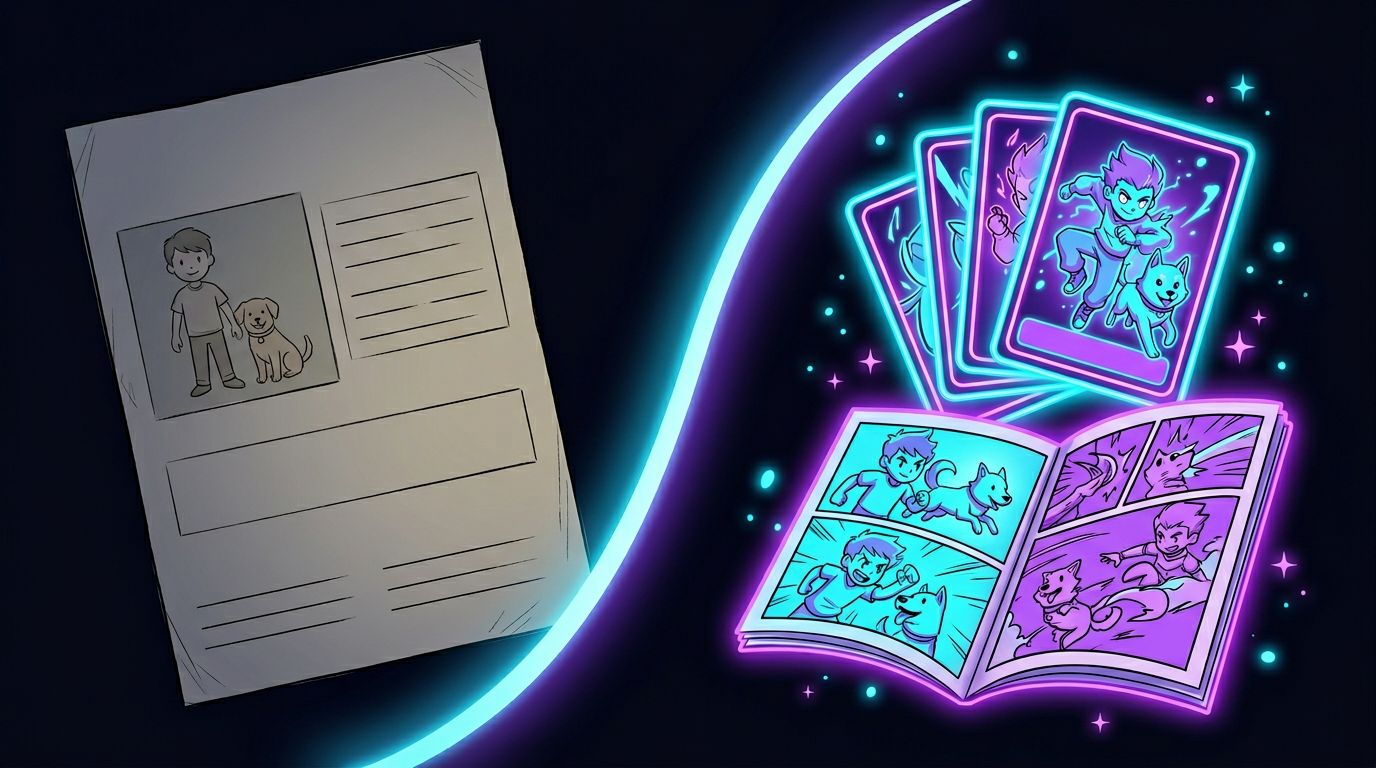 A split-frame contrast: a dim generic phonics worksheet on the left dissolving into a vibrant stack of spirit-character trading cards and an open decodable comic on the right, with a bright cyan-to-violet light arc connecting the two